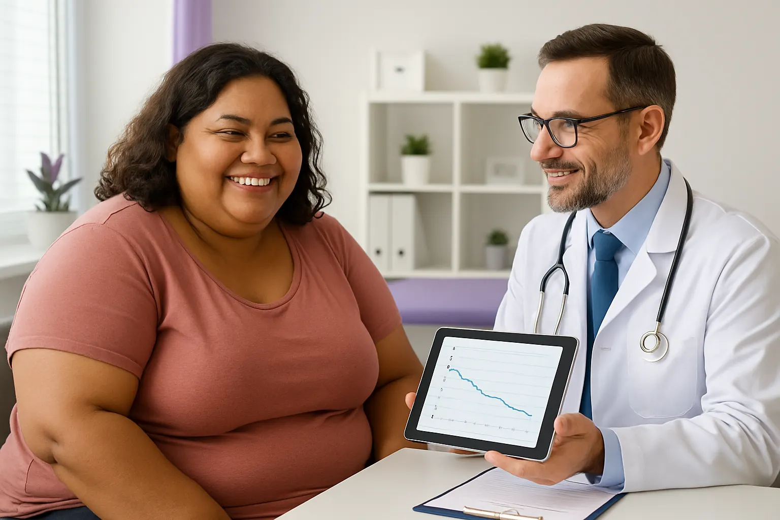 Médico mostrando à paciente o gráfico de evolução do peso na consulta