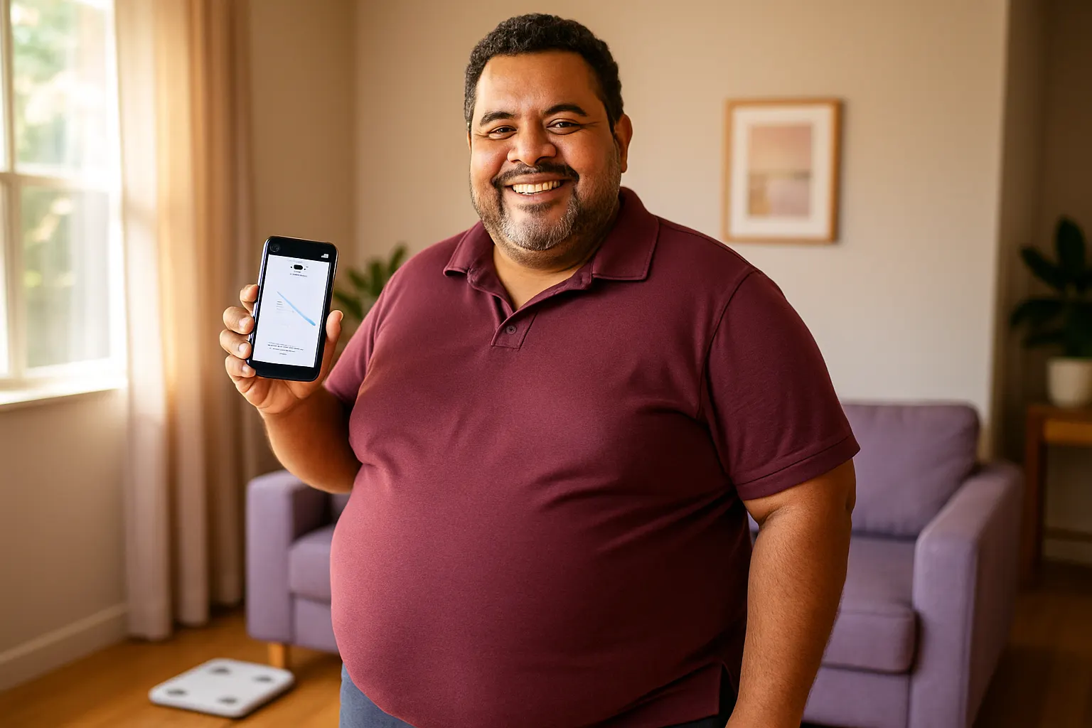 Paciente mostrando no celular o gráfico de peso descendo no Obesidade Fácil