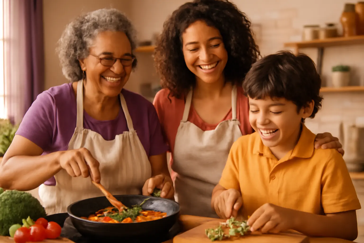 Família cuidando junto do tratamento da obesidade de um filho e uma avó