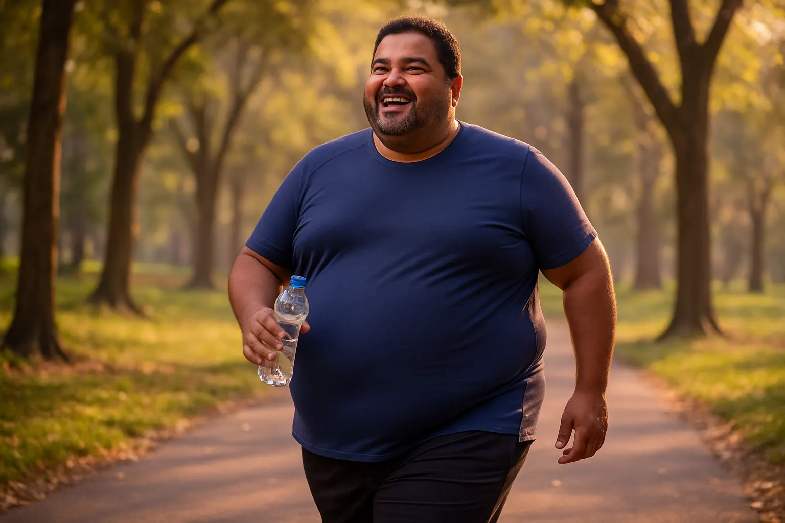 Homem em tratamento da obesidade caminhando confiante no parque